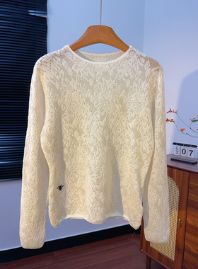 神秘氛围感！细针~100%羊毛法式镂空提花打底针织衫上衣女秋薄款