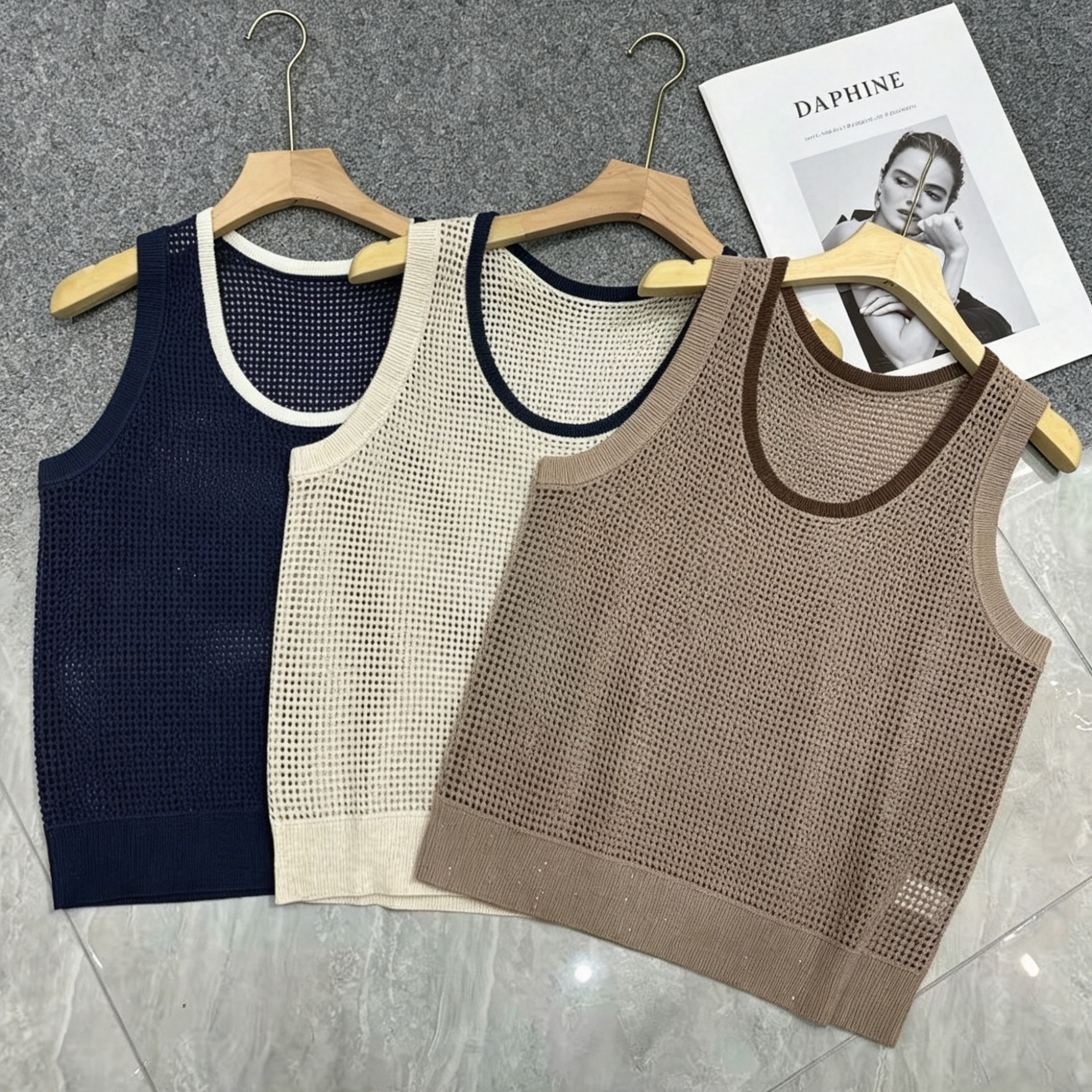 真丝亚麻混纺!夏季透气网眼针织背心女撞色U领镂空外穿无袖上衣