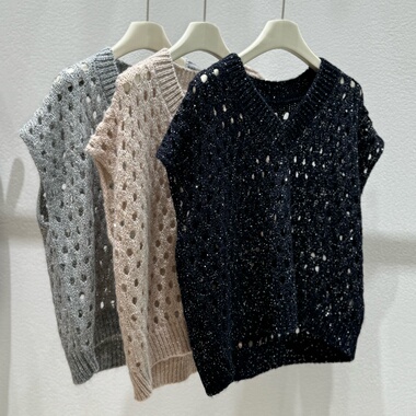 自带细闪！B/C马海毛珠片镂空针织背心女V领宽松短款无袖坎肩上衣