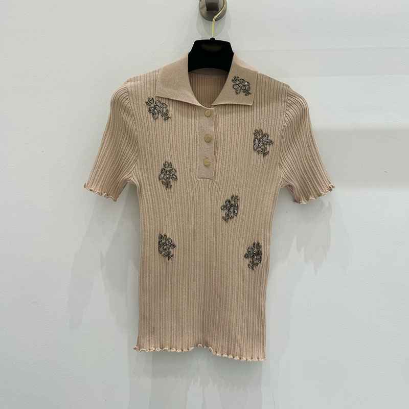 100%棉重工钉珠亮片Polo领纯棉针织衫短袖女夏季薄款修身显瘦上衣