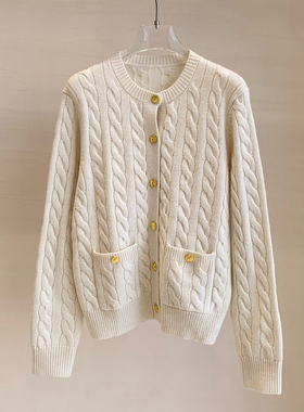 老钱风通勤金扣麻花绵羊毛针织开衫女春秋冬圆领绞花短款毛衣外套