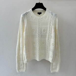 女春秋薄款 长袖 圆领显瘦打底毛衣 轻奢镂空钩花挑孔羊绒针织衫 法式