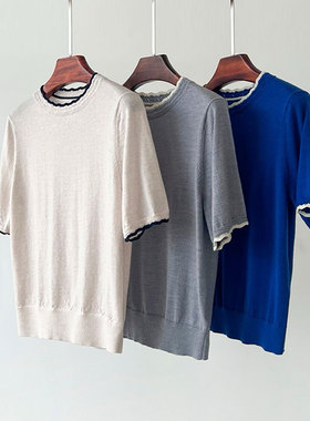 严言 100%超细羊毛撞色复古波浪花边圆领套头针织衫短袖女上衣