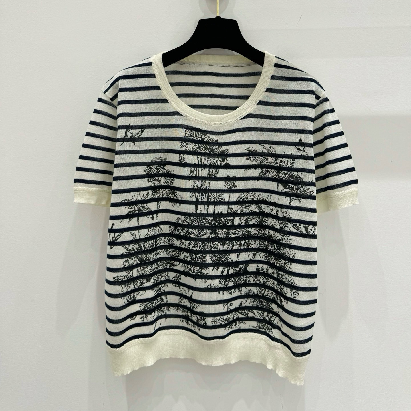 亚麻混纺纱！水墨印花条纹针织衫短袖女圆领套头t恤春夏薄款上衣