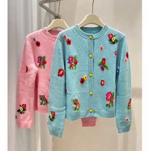 羊绒羊毛混纺!玫瑰花扣~彩色提花针织开衫女圆领春秋毛衣外搭