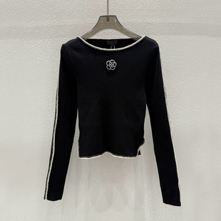 小香风山茶花羊毛针织衫女秋冬黑色短款修身显瘦气质打底套头毛衣