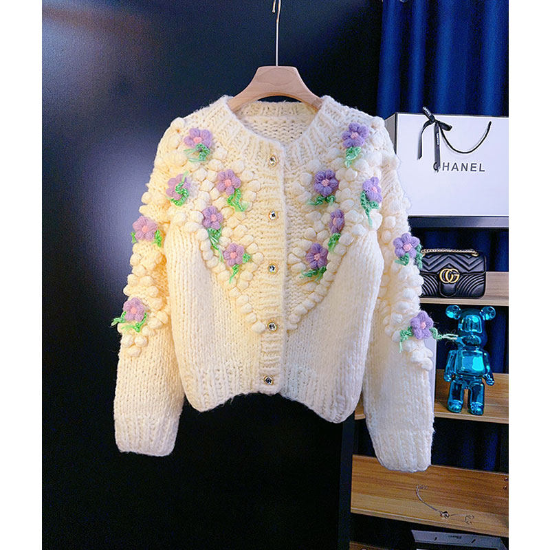 手打温柔紫花绿叶花朵毛衣开衫女甜美加厚粗针立体球球针织外套秋