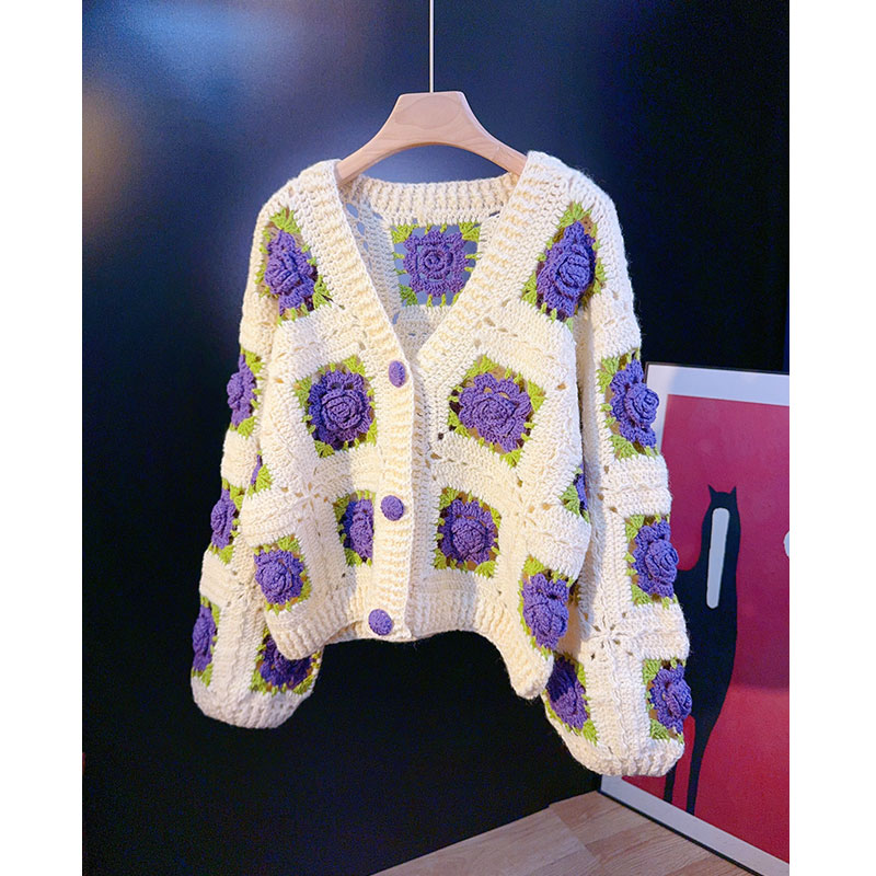 法式针织开衫女V领宽松纯手工钩织立体玫瑰镂空羊毛毛衣外套