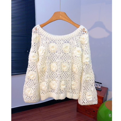 人间花仙子！纯手勾重工立体钩花镂空针织衫长袖女短款白色毛衣
