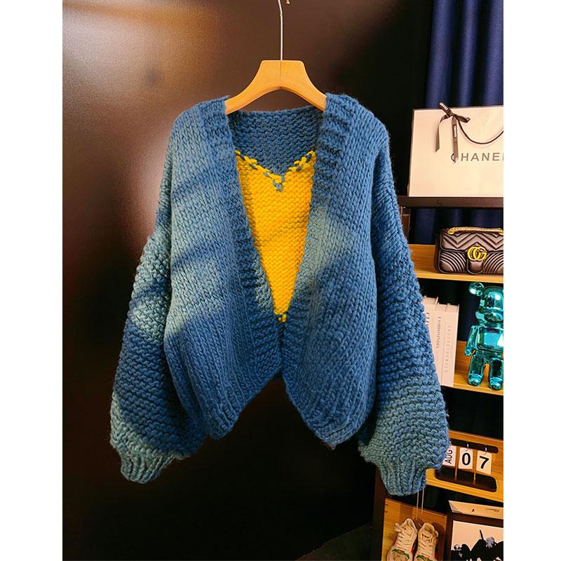 手工编织粗针棒针加厚撞色后背爱心宽松慵懒风针织开衫毛衣外套女