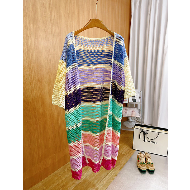 老奶奶纯手工编织粗条纹镂空针织开衫女中长款宽松长袖毛衣外套春