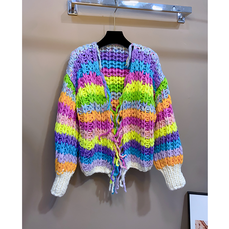 V领民族风宽松针织拼色外套