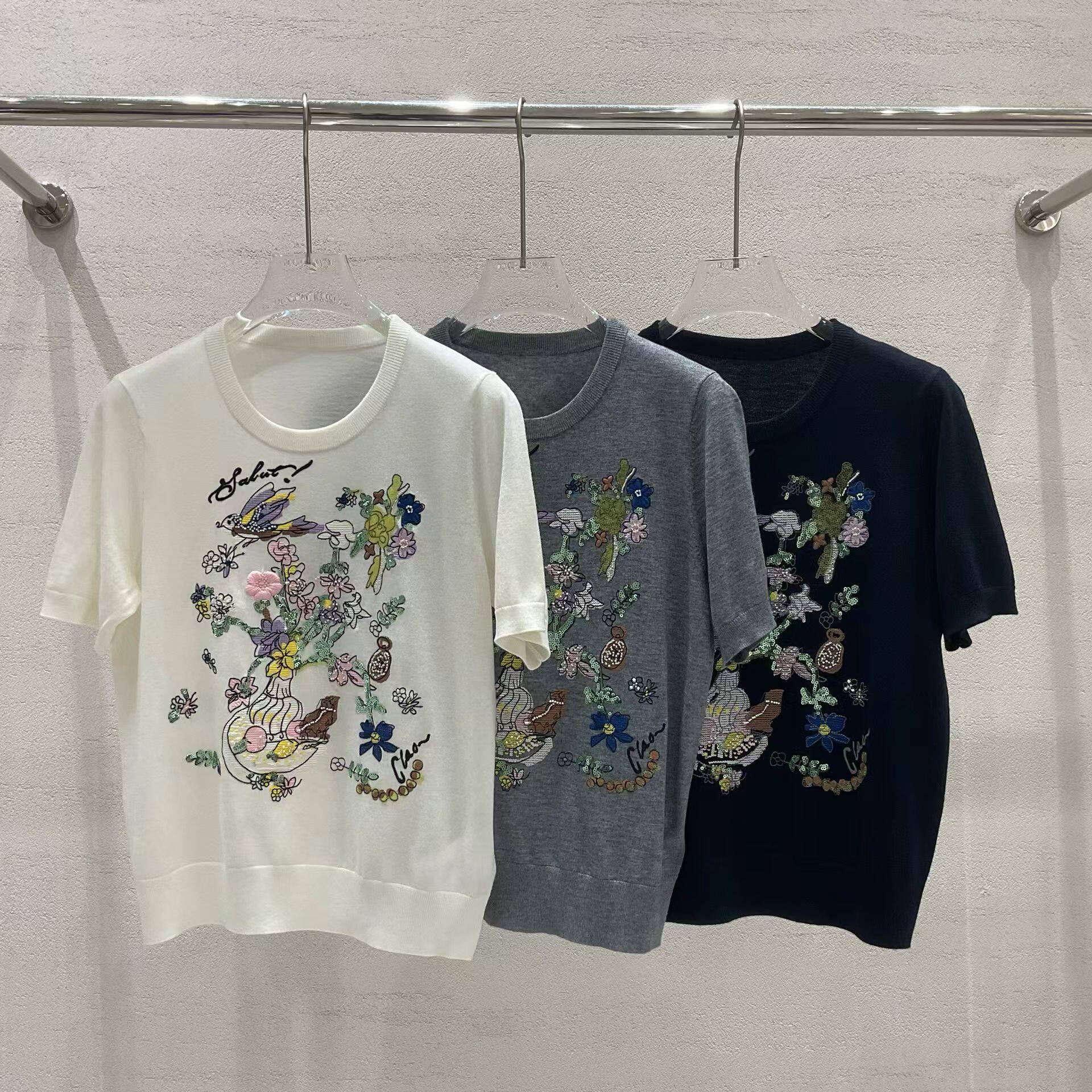 「艺术感花瓶」重工花瓶花鸟刺绣短袖针织衫女薄款高级感t恤上衣
