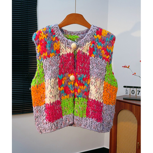 重工手工粗棒针彩色格子拼色无袖针织开衫毛衣马甲背心女秋冬短款