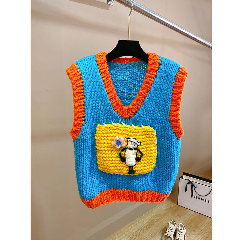 套头通勤短款V领拼色马甲