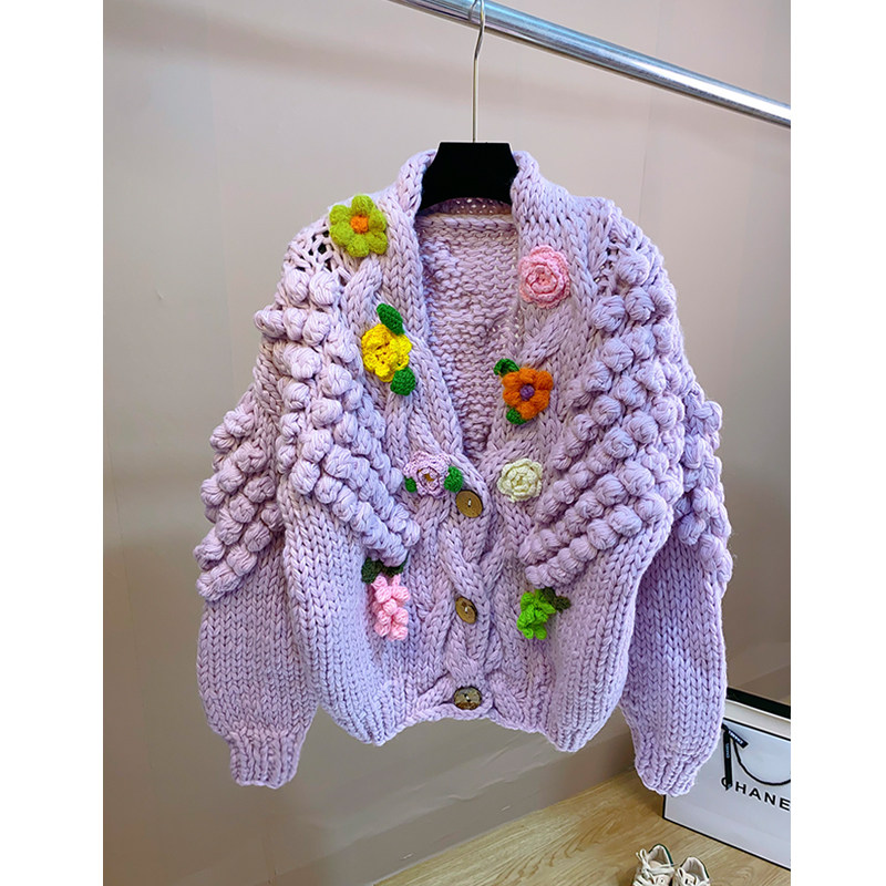 豆豆毛球立体花朵纯手工粗棒针毛衣外套女加厚粗毛线宽松针织开衫
