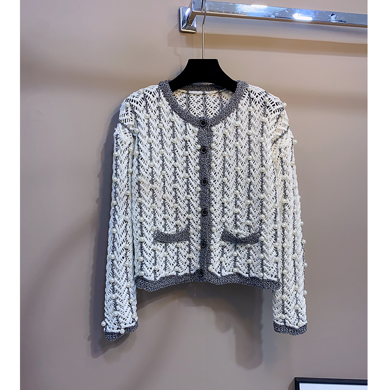 针织单排扣圆领钉珠镂空开衫