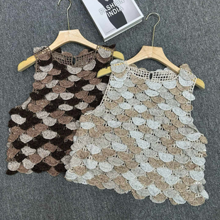 真丝+亚麻混纺！手钩鱼鳞钩花背心女夏外穿短款无袖镂空针织马甲