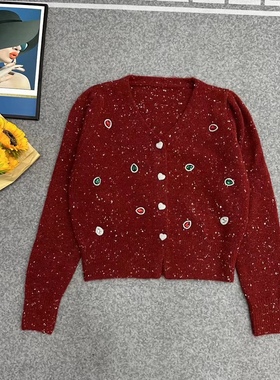 DAX 定制雪花彩点纱！重工镶彩钻红色毛衣上衣女针织衫开衫