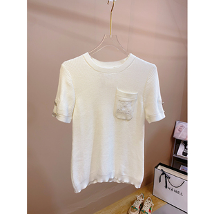 温柔蔓延！刺绣针织衫短袖女24春夏新款小香风气质上衣修身t恤