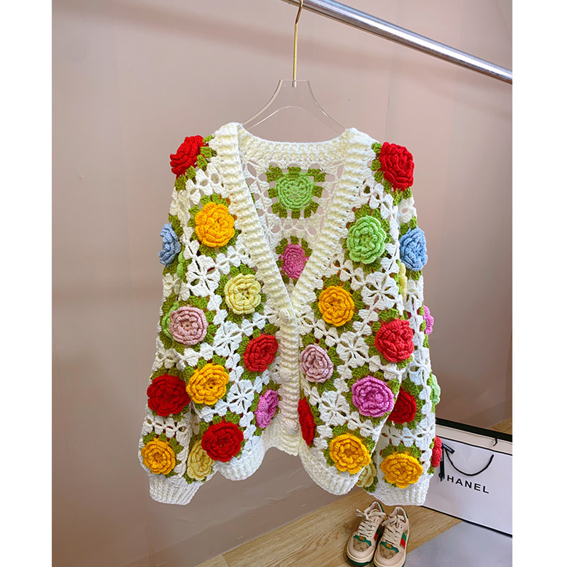 花开富贵！重工全手工立体镂空钩花针织开衫女V领彩色玫瑰花外套