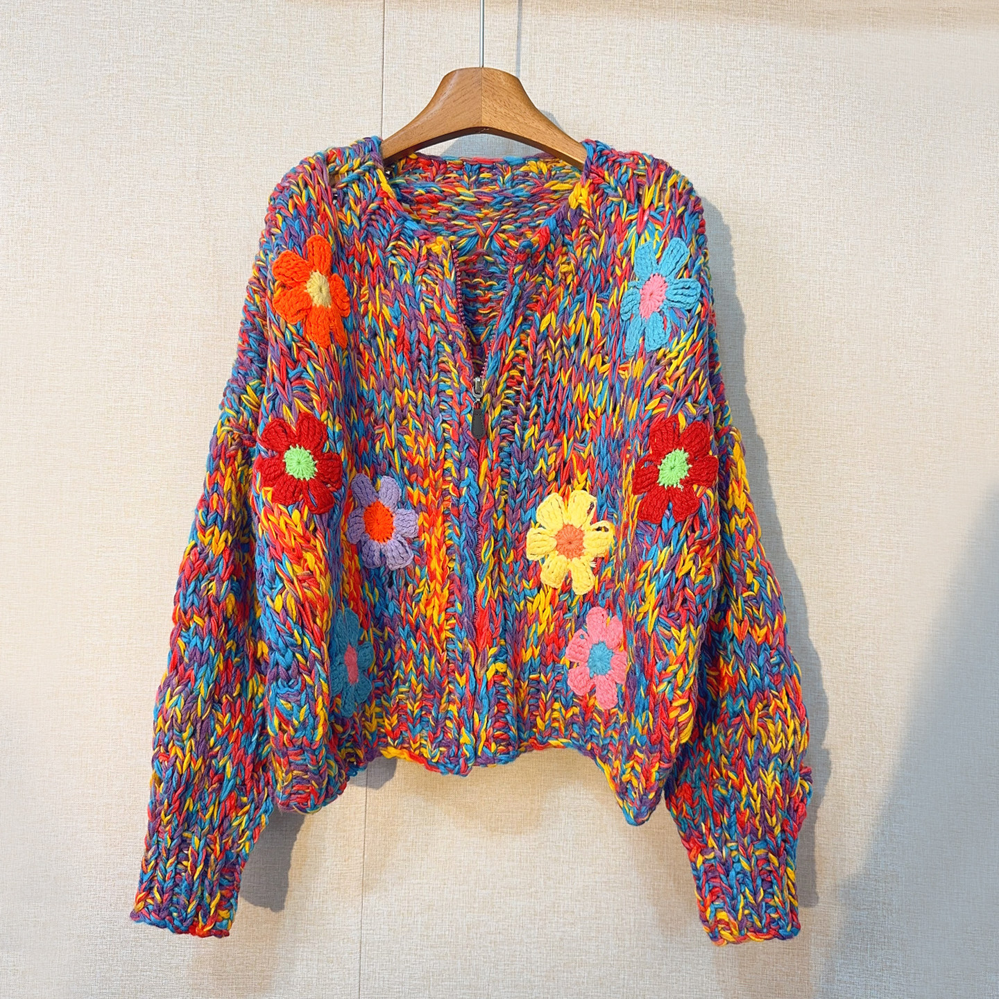 棒针手打彩色粗毛线绣花针织衫女开衫宽松慵懒风拉链毛衣外套加厚