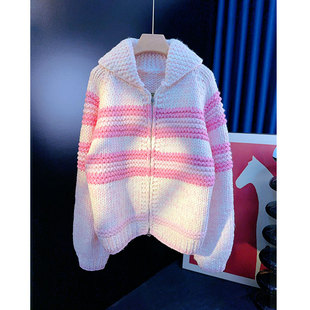 严言 毛衣外套女加厚 棒针粗毛线手工编织双拉链条纹翻领针织开衫