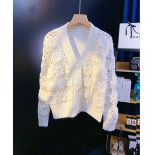 严言 女V领春秋羊毛毛衣外搭外套 重工手工立体钩花朵镂空针织开衫