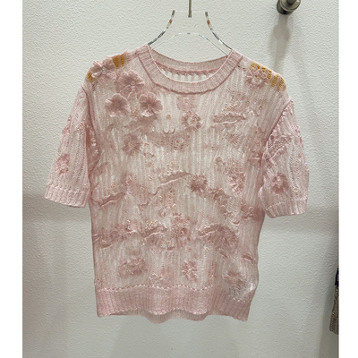 自带滤镜的仙女衫立体花朵轻薄透气短袖针织衫上衣女薄款春夏新款