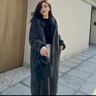 秋冬貂中长女款连帽工厂直销洋气加厚皮毛一体外套仿貂毛貂皮大衣