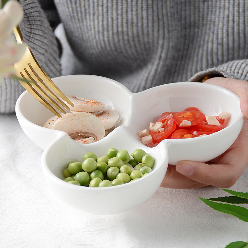 纯白陶瓷小吃碗酱料调料碗创意三连碗干果鸡米花薯条拼盘ktv家用