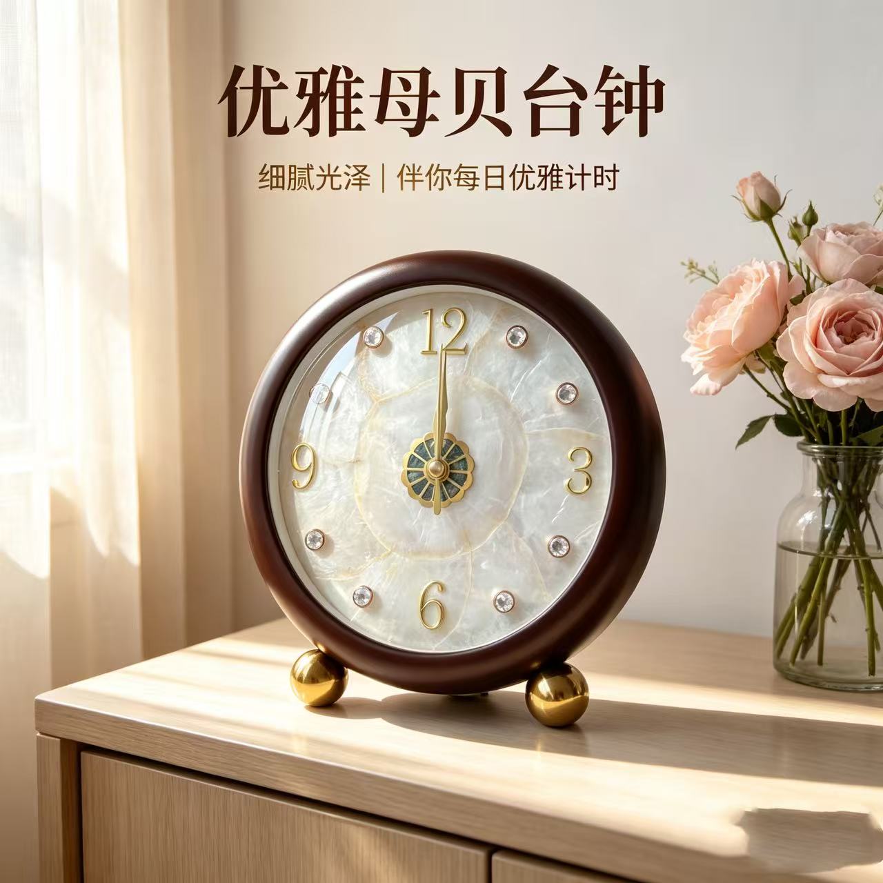 轻奢高级感贝壳座钟2026新款客厅家用高端桌面摆台钟创意摆件钟表