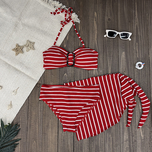 泰国条纹比基尼三件套抹胸辣妹泳衣女高级感泳装 温泉度假分体保守