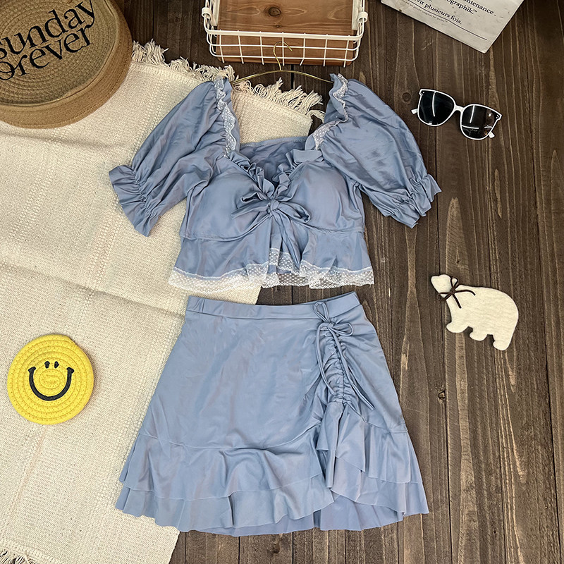 女分体纯色泳衣蝴蝶结少女显白