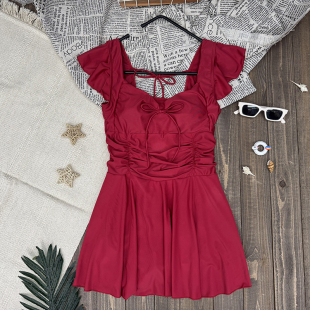 复古红泳衣女纯色新款 遮肚连体保守小胸少女平角游泳衣女 显瘦飞袖