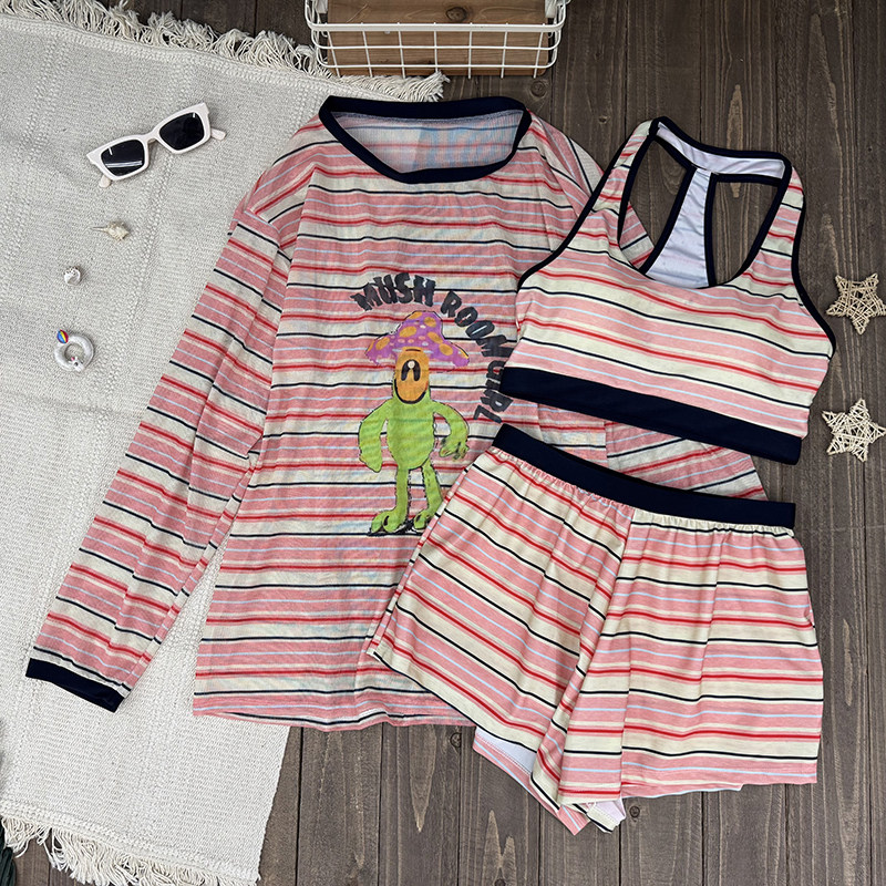 泳衣女新款三件套宽松长袖条纹罩衫遮肉显瘦小胸运动少女海边度假