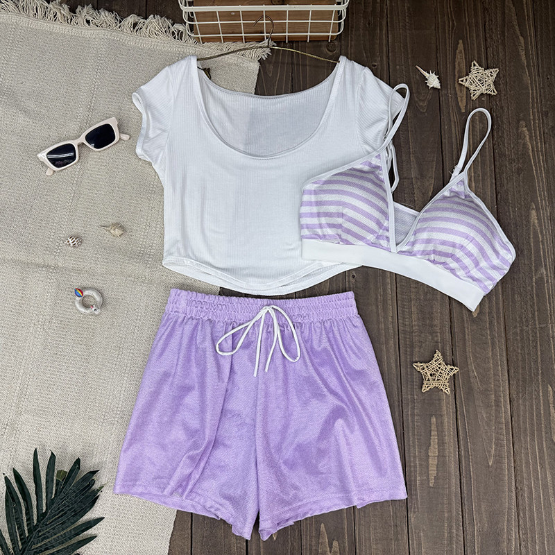 韩国性感纯欲风紫色条纹比基尼小胸绑带分体短袖罩衫三件套泳衣女