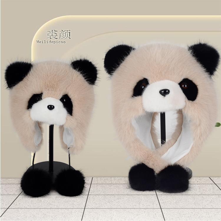熊猫仿真吊耳帽网红花花仿毛毛亲子护耳成人儿童帽子基地保暖帽子