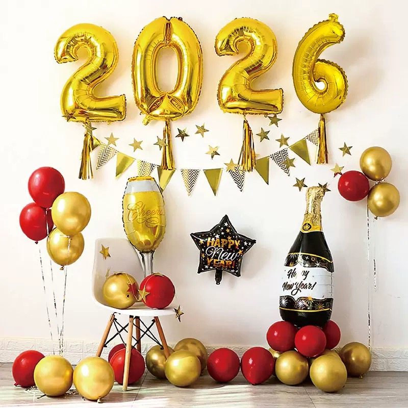 金色数字独立包装铝膜气球2026新年套装元旦酒店布置跨年春节装饰