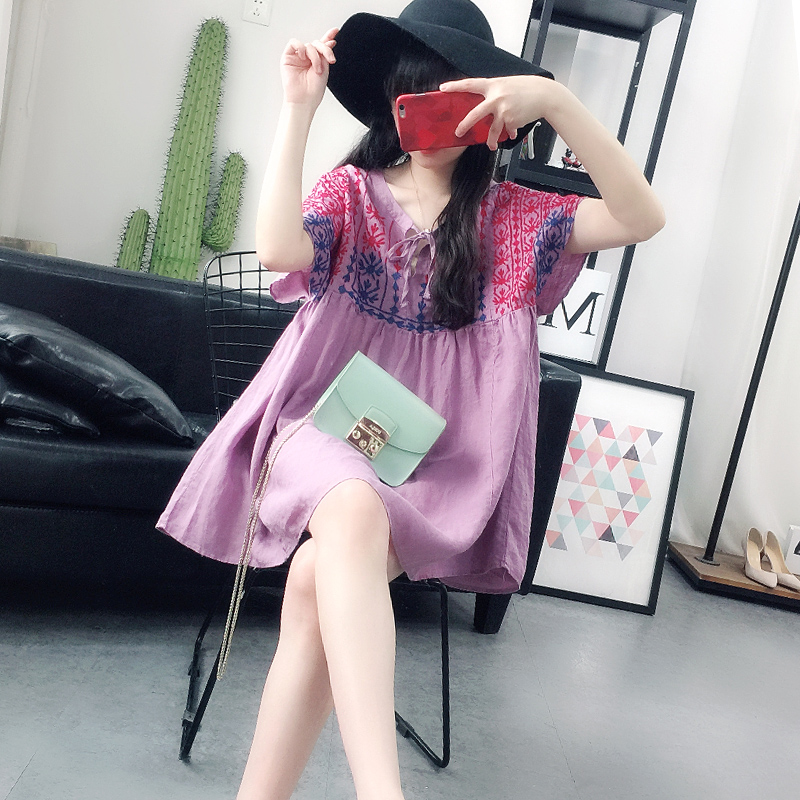 娃娃衫上衣蓬蓬夏中長款夏季氣質韓版重工刺繡麻料上衣女亞麻寬松