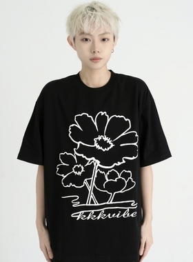 KKKVIBE美式休闲趣味卡通印花发泡花朵宽松百搭短袖T恤男女情侣