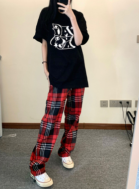 KKKVIBE复古毛呢红格子长裤宽松显瘦阔腿居家休闲裤慵懒男女