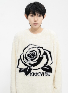 KKKVIBE美式复古加厚顺滑亲肤玫瑰花朵仿貂毛毛衣女男针织衫情侣