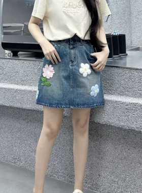 KKKVIBE复古百搭牛仔花朵刺绣半身裙短裙女高腰显瘦设计感