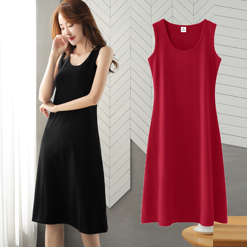 黑色吊带连衣裙女2025春季大码胖mm无袖a字长裙打底酒红色背心裙