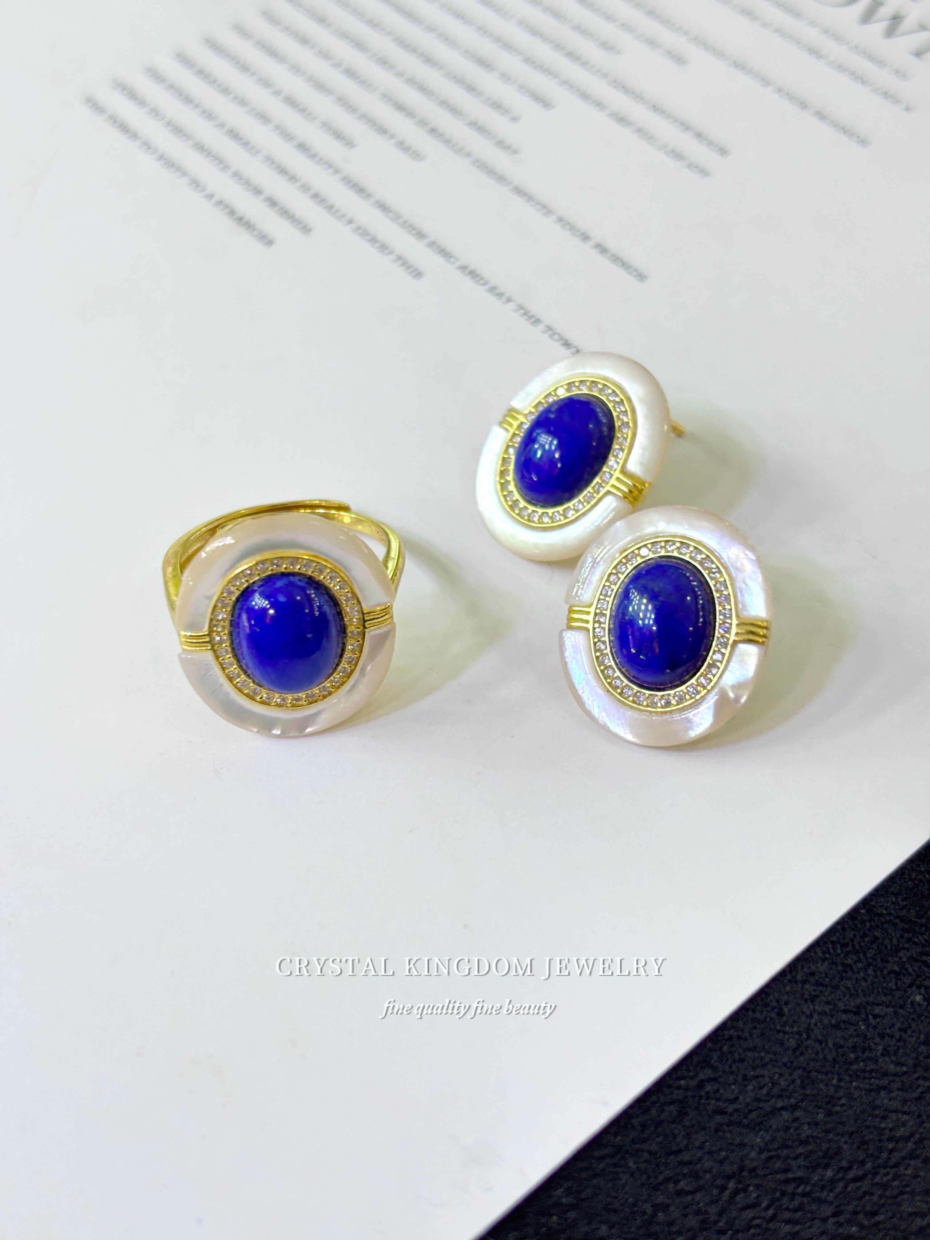 天然青金石白蝶贝耳坠戒指s925银镶嵌高级感蓝色宝石耳钉首饰饰品