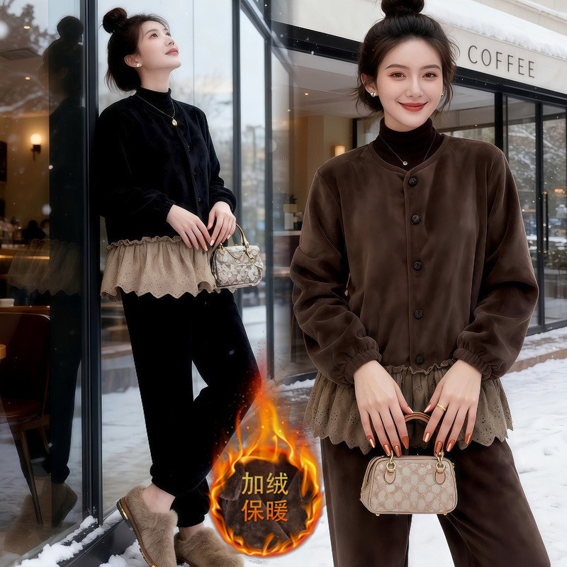 韩版加绒加厚珊瑚绒家居服套装女