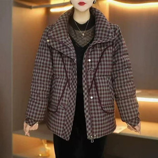 短款棉服女冬季新款时尚宽松大码格子棉袄加厚保暖妈妈装棉衣外套
