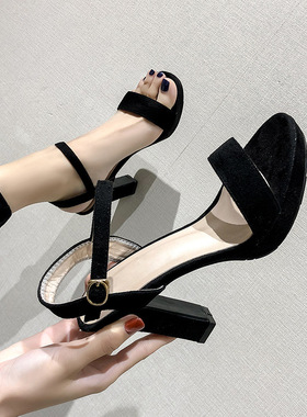 粗跟超高跟鞋10CM夜店性感防水台绒面一字扣带黑色模特走秀凉鞋女