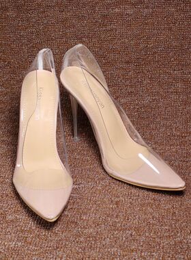 2023春夏季新款尖头透明水晶跟浅口透气细超高跟单鞋工作鞋大码42